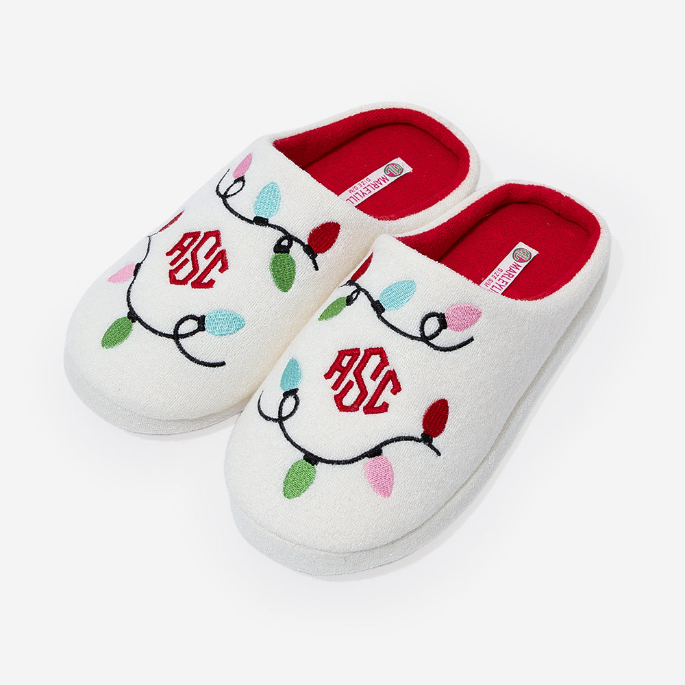 monogrammed slippers in christmas lights
