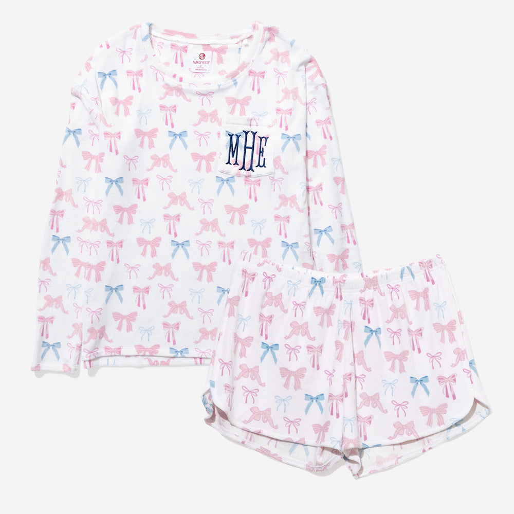 monogrammed softspun lounge set in blue pink coquette