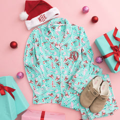 monogrammed softspun pajama set in merry mint outfit with santa hat