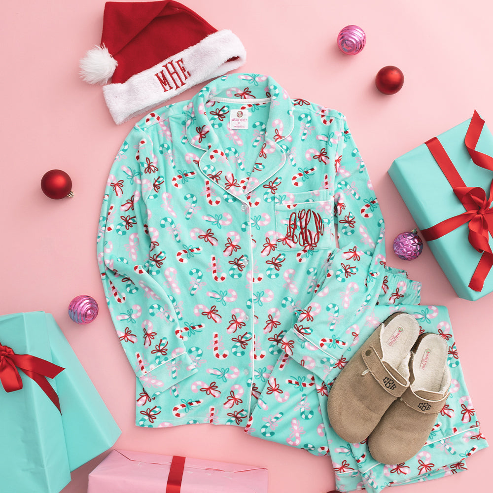 monogrammed softspun pajama set in merry mint outfit with santa hat