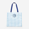 monogrammed striped tote in light blue and navy