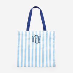 monogrammed striped tote in light blue and navy