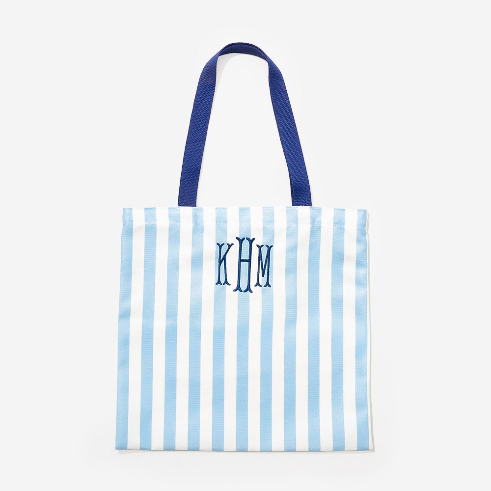 monogrammed striped tote in light blue and navy