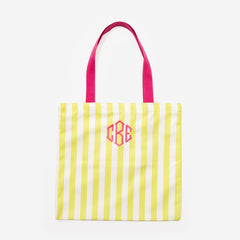 personalized yellow and white striped tote bag with pink handles