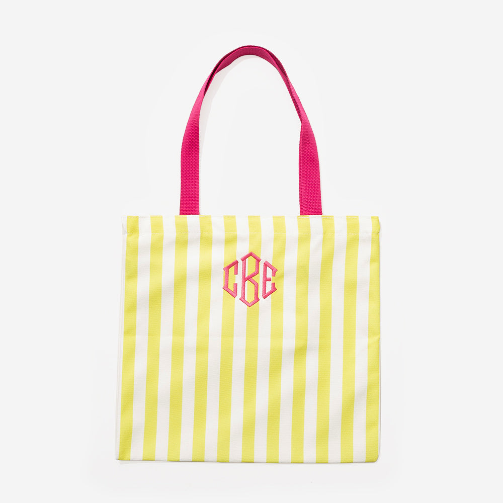 personalized yellow and white striped tote bag with pink handles