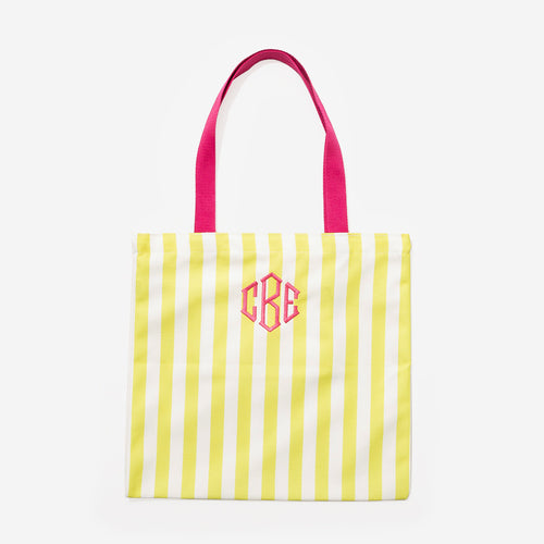personalized yellow and white striped tote bag with pink handles