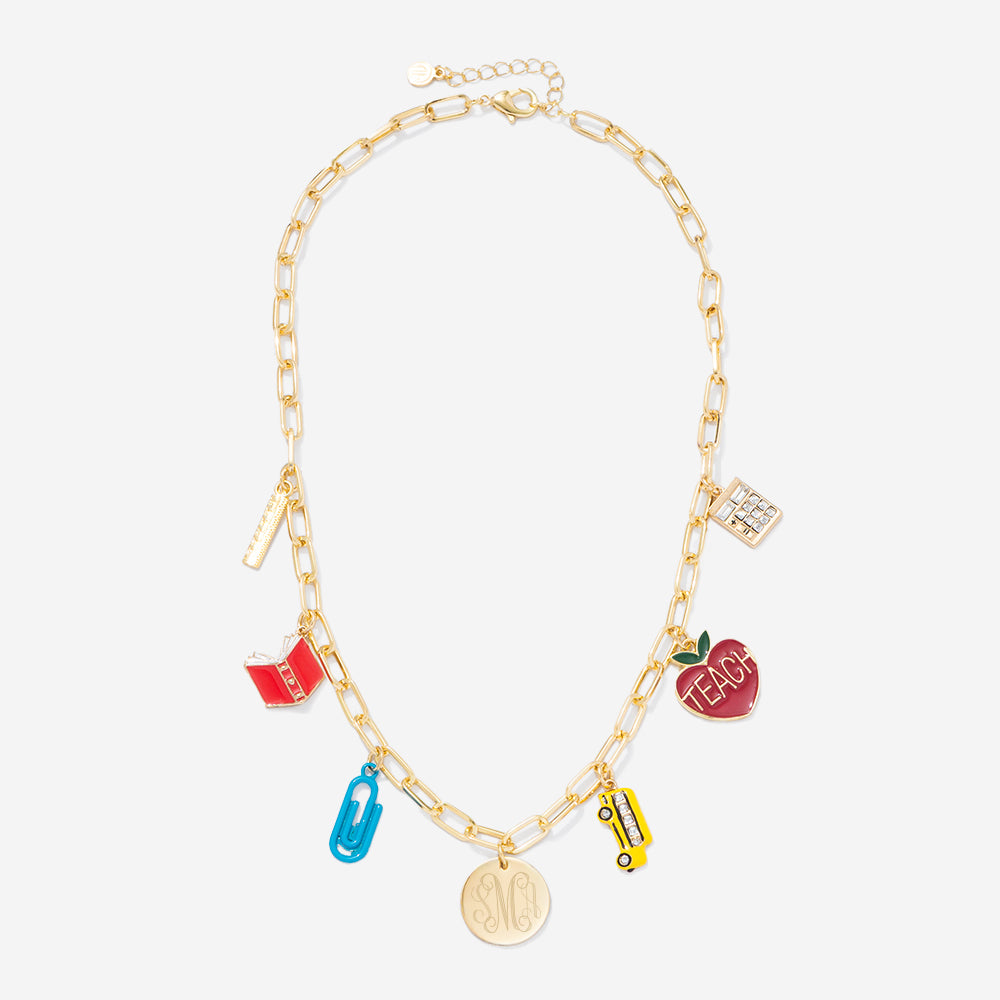 monogrammed teacher charm necklace in gold