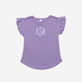 Purple t-shirt with ruffled sleeves and 'ASM' monogram on a white background
