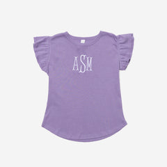 Purple t-shirt with ruffled sleeves and 'ASM' monogram on a white background