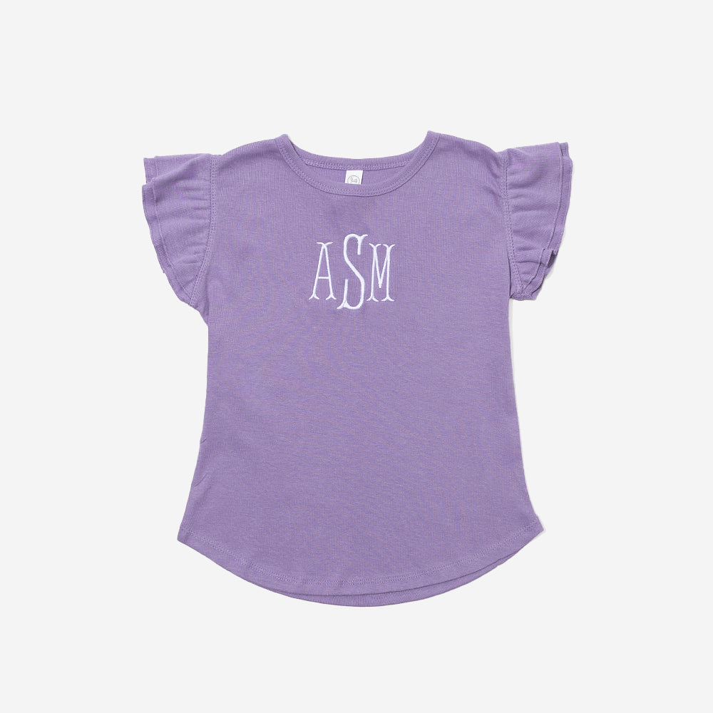 Purple t-shirt with ruffled sleeves and 'ASM' monogram on a white background