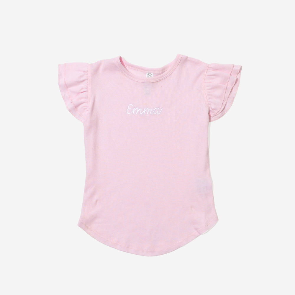 Pink t-shirt with ruffled sleeves on a white background