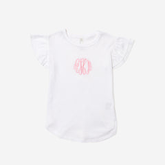 White t-shirt with pink monogram on a white background