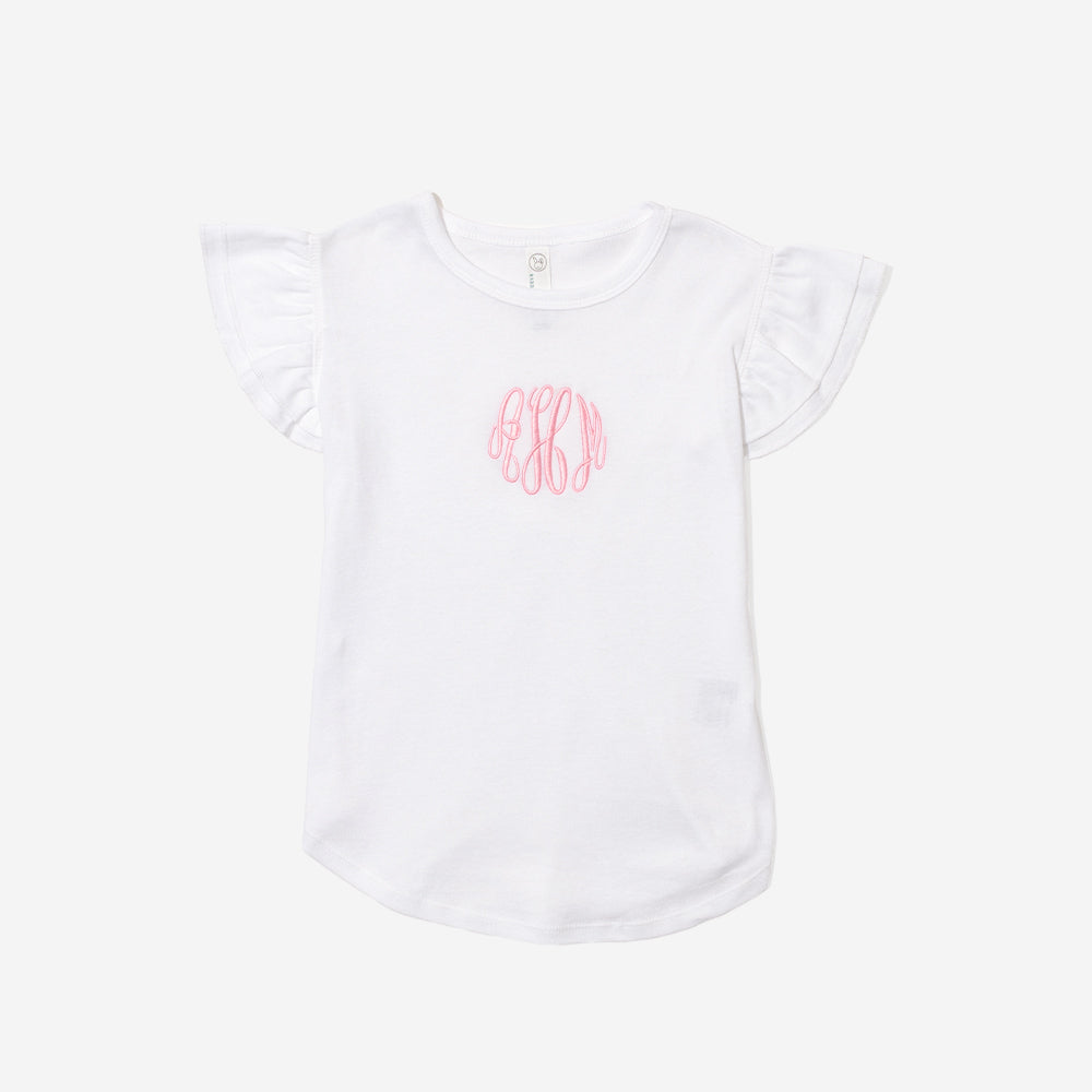 White t-shirt with pink monogram on a white background