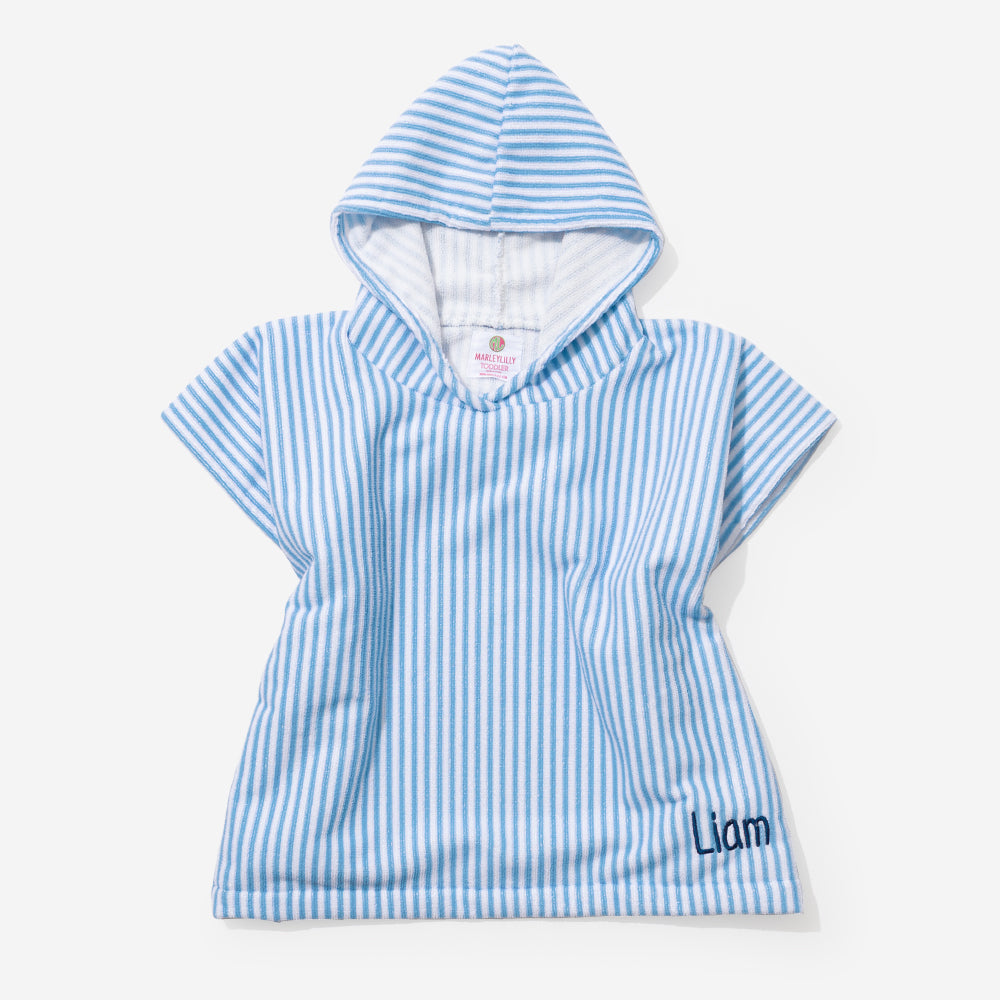 monogrammed toddler hooded towel poncho in blue stripes