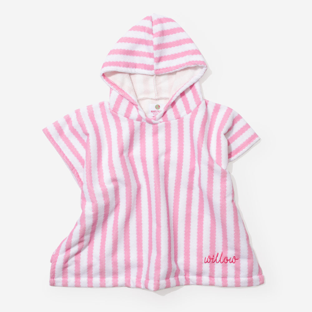 monogrammed toddler hooded towel poncho in pink scallop stripes