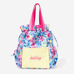 monogrammed floral and yellow stripe cosmetic bag