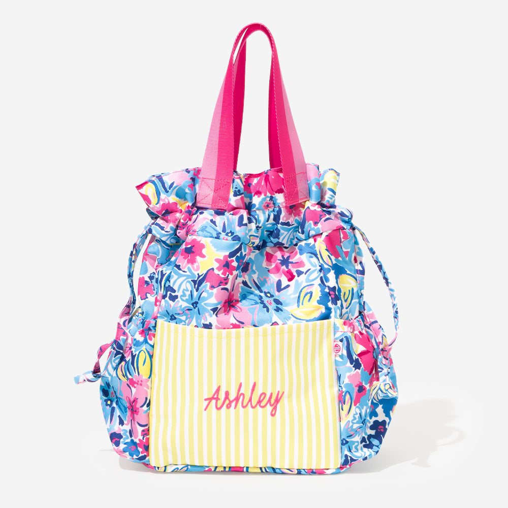 monogrammed floral and yellow stripe cosmetic bag