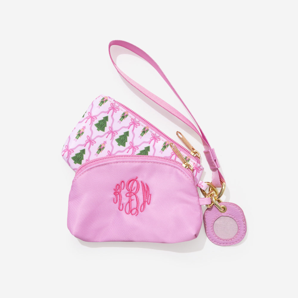 monogrammed two pouch wristlet in christmas lattice 