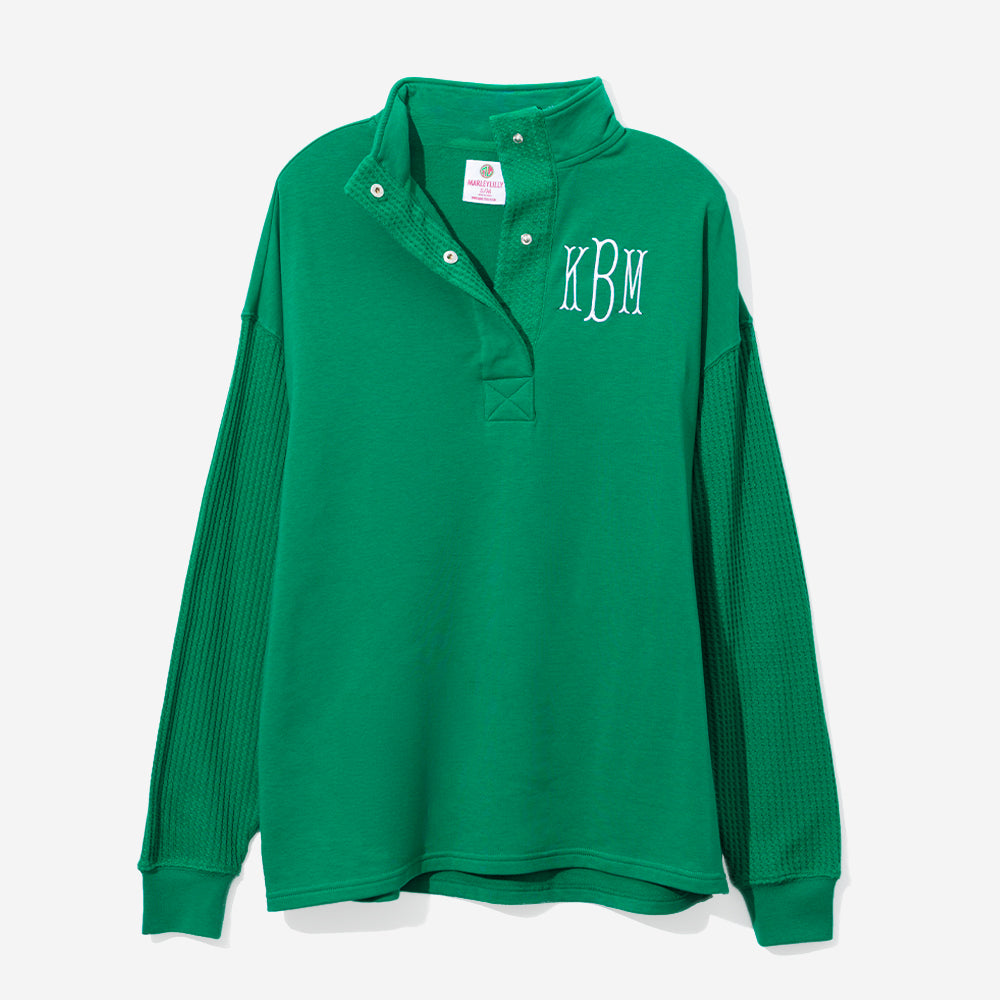 Monogrammed Waffle Snap Pullover in Green