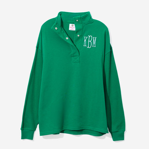 Monogrammed Waffle Snap Pullover in Green