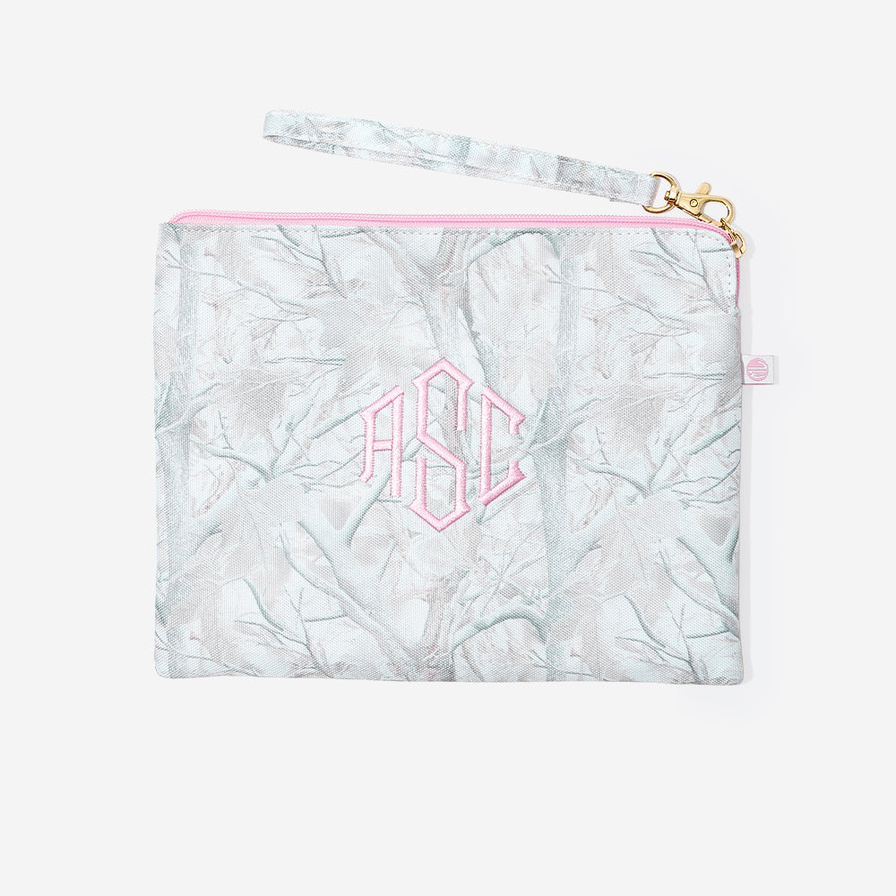monogrammed wristlet in birch camo