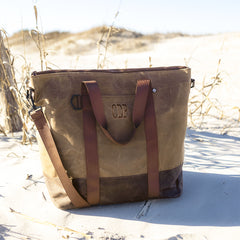 personalized waxed canvas cooler on beach - updated