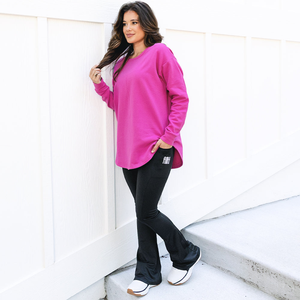 girl wearing monogrammed personalized black flare leggings