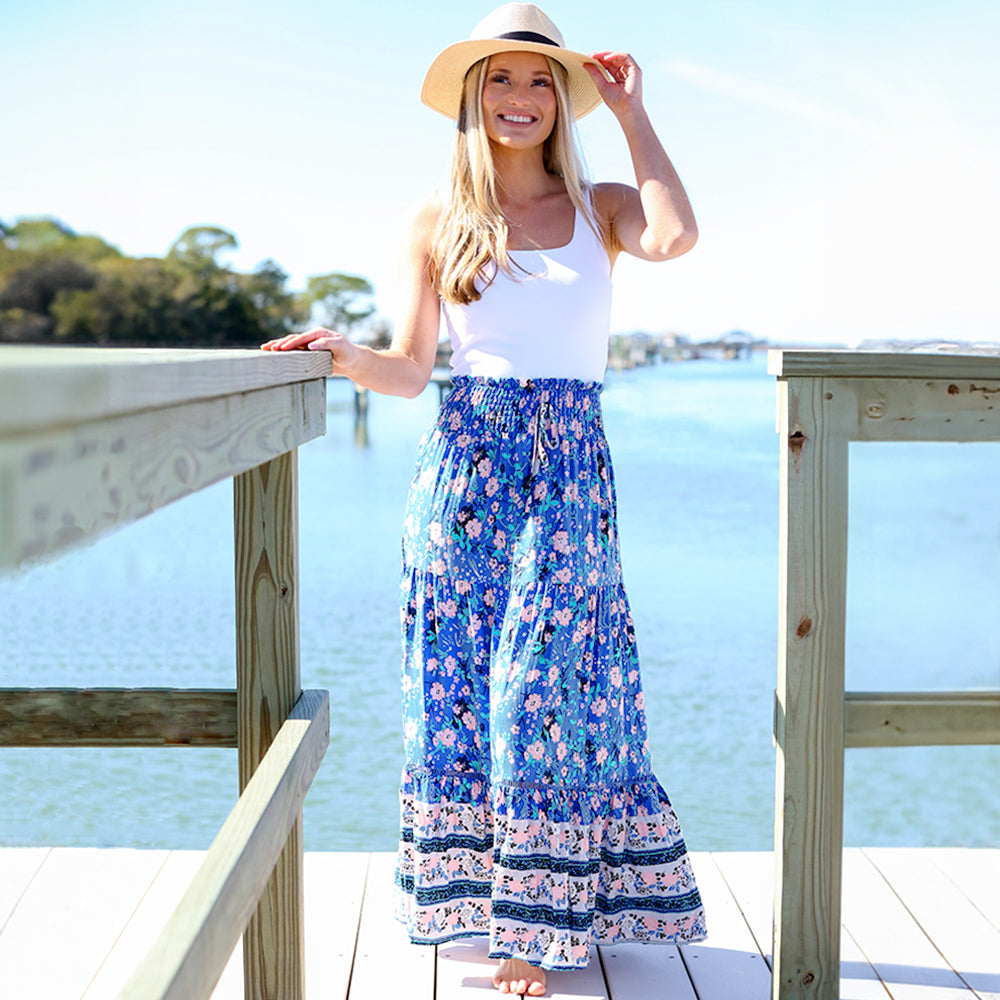 [Ashley] Blue Floral Midi Skirt on Dock
