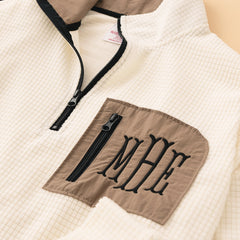 ivory Grid Fleece Quarter Zip Pullover detail shot