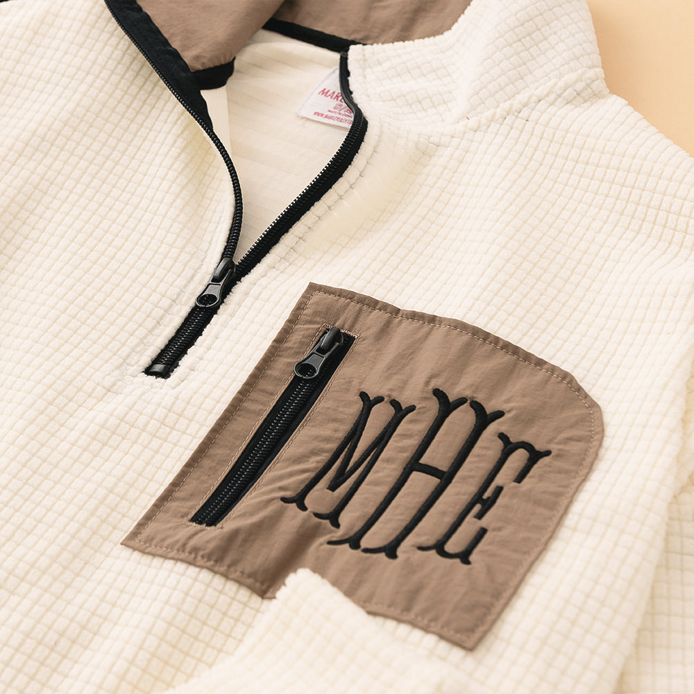 ivory Grid Fleece Quarter Zip Pullover detail shot