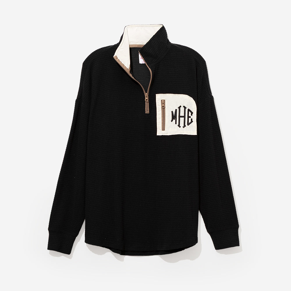 monogrammed grid fleece quarter zip pullover in black