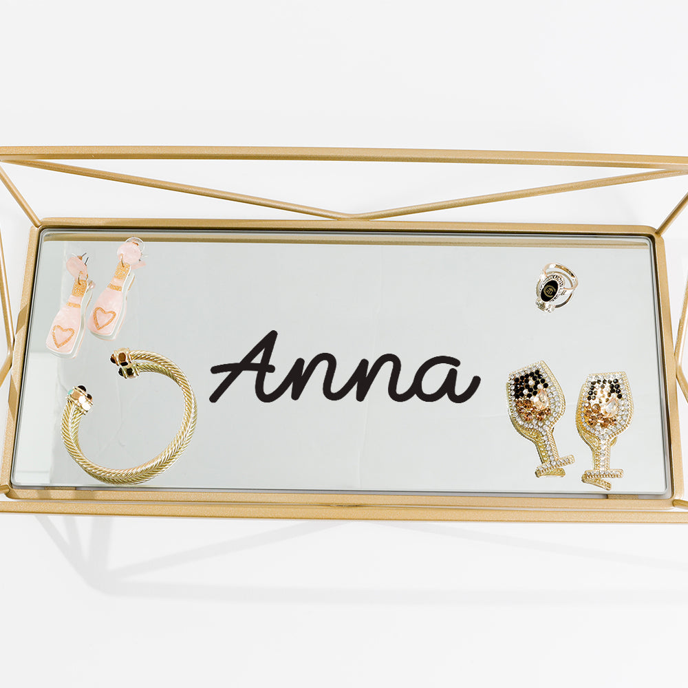 5 inch name sticker in black on jewlery tray