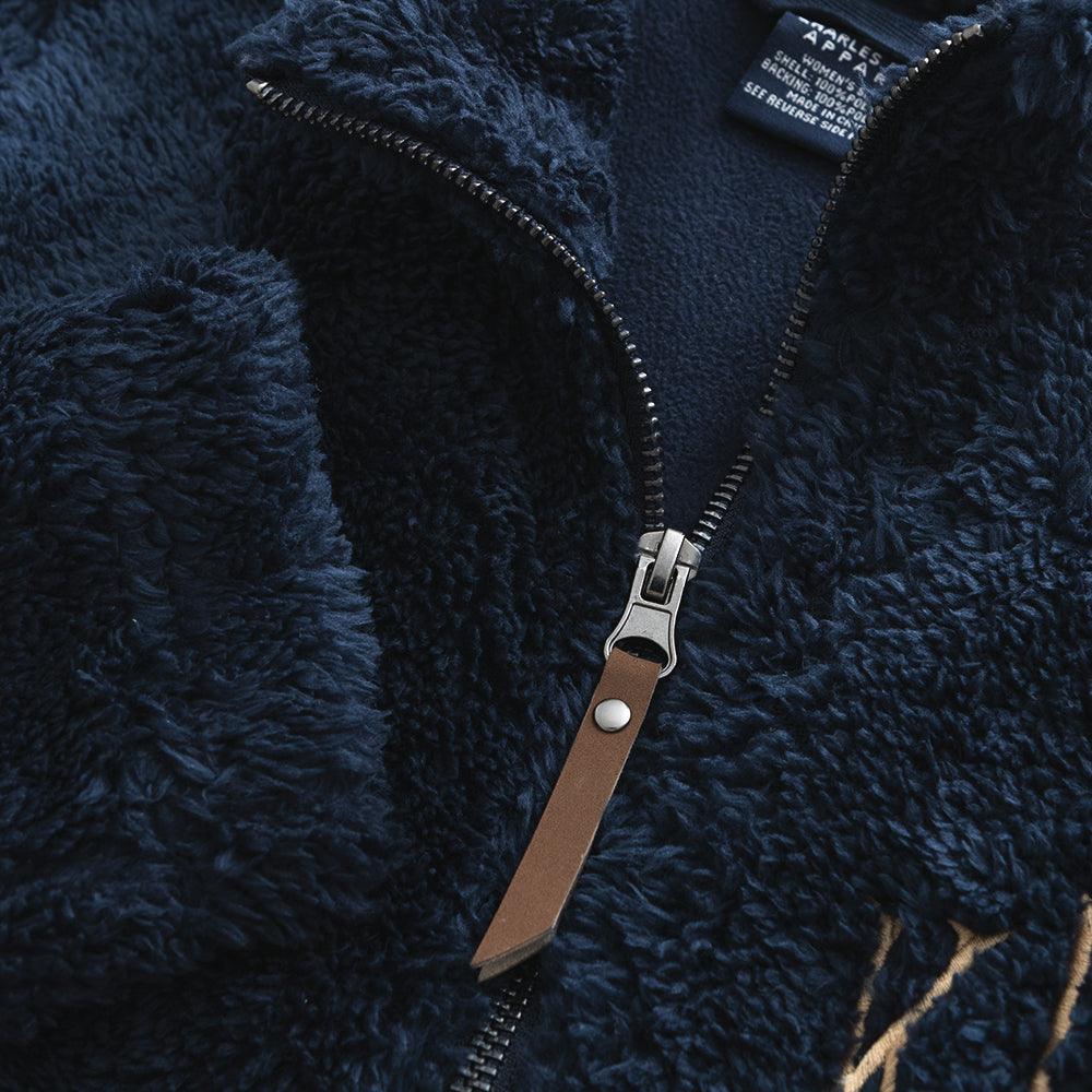navy fleece full zip jacket close up