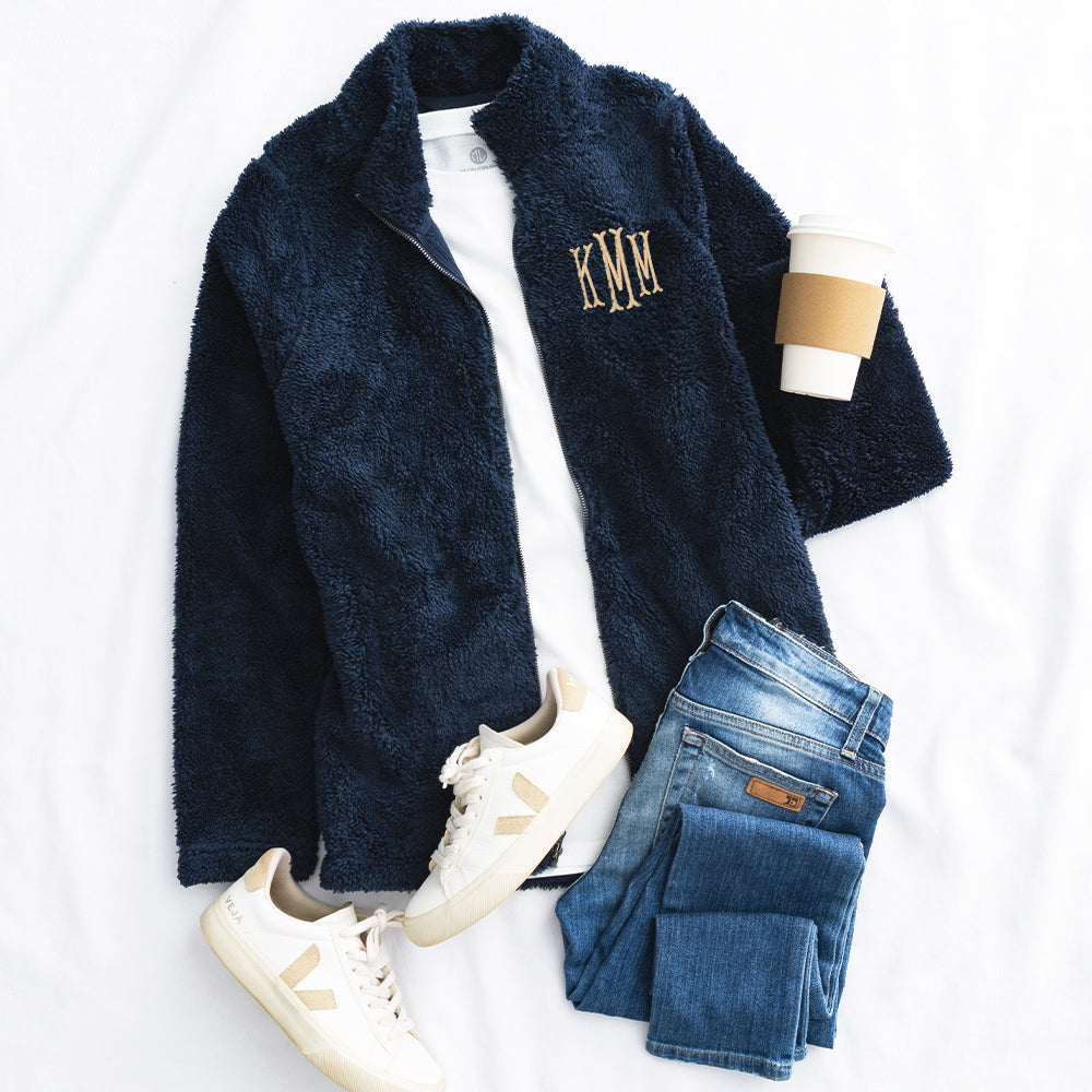 navy fleece full zip jacket flatlay