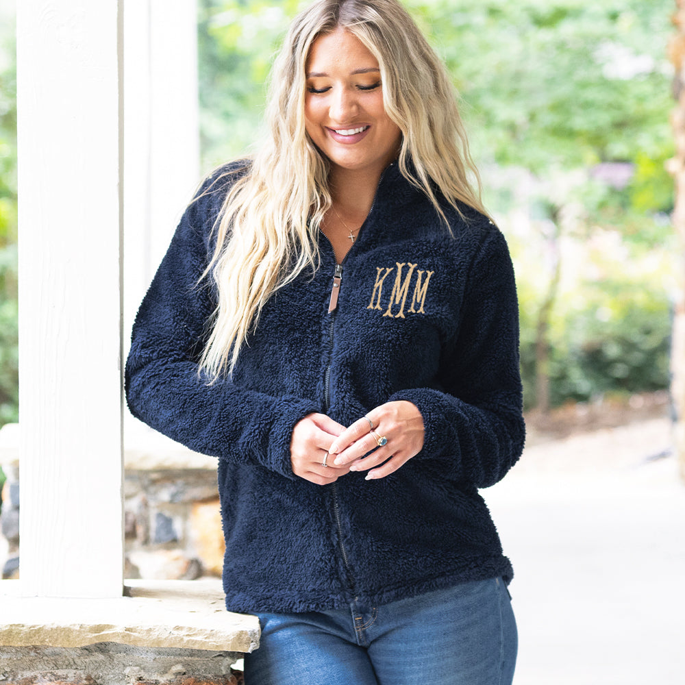 navy fleece full zip jacket on katie