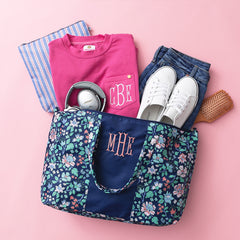 navy floral trellis packable weekend duffelbag spillshot