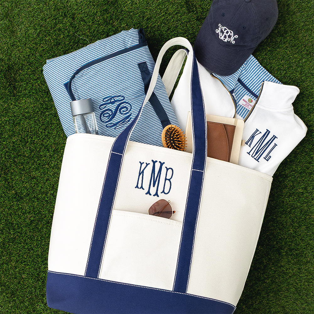 navy large tote bag flatlay spillshot