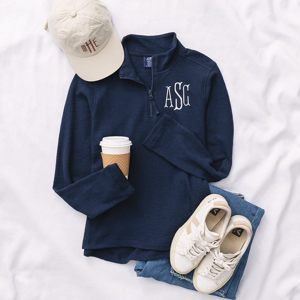 navy lightweight waffle monogrammed quarter zip pullover in navy ootd with sneakers