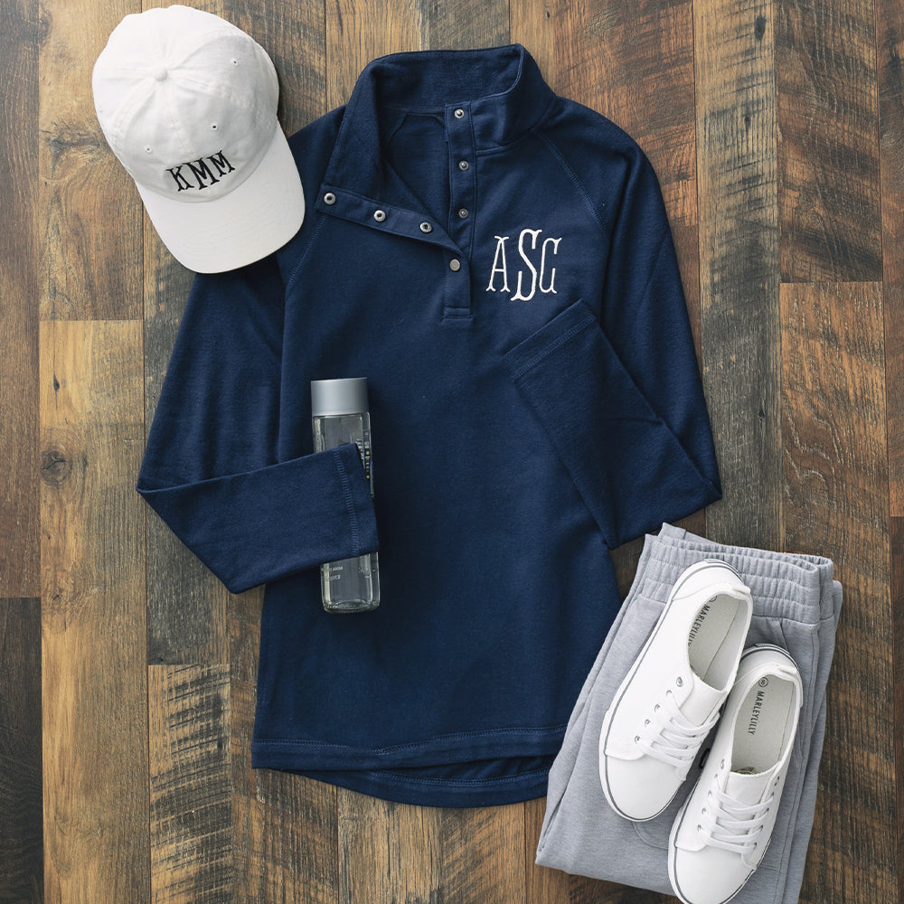 navy monogrammed essential pullover ootd 