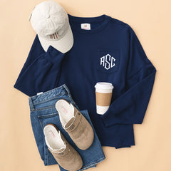 navy monogrammed oversized sweatshirt ootd 