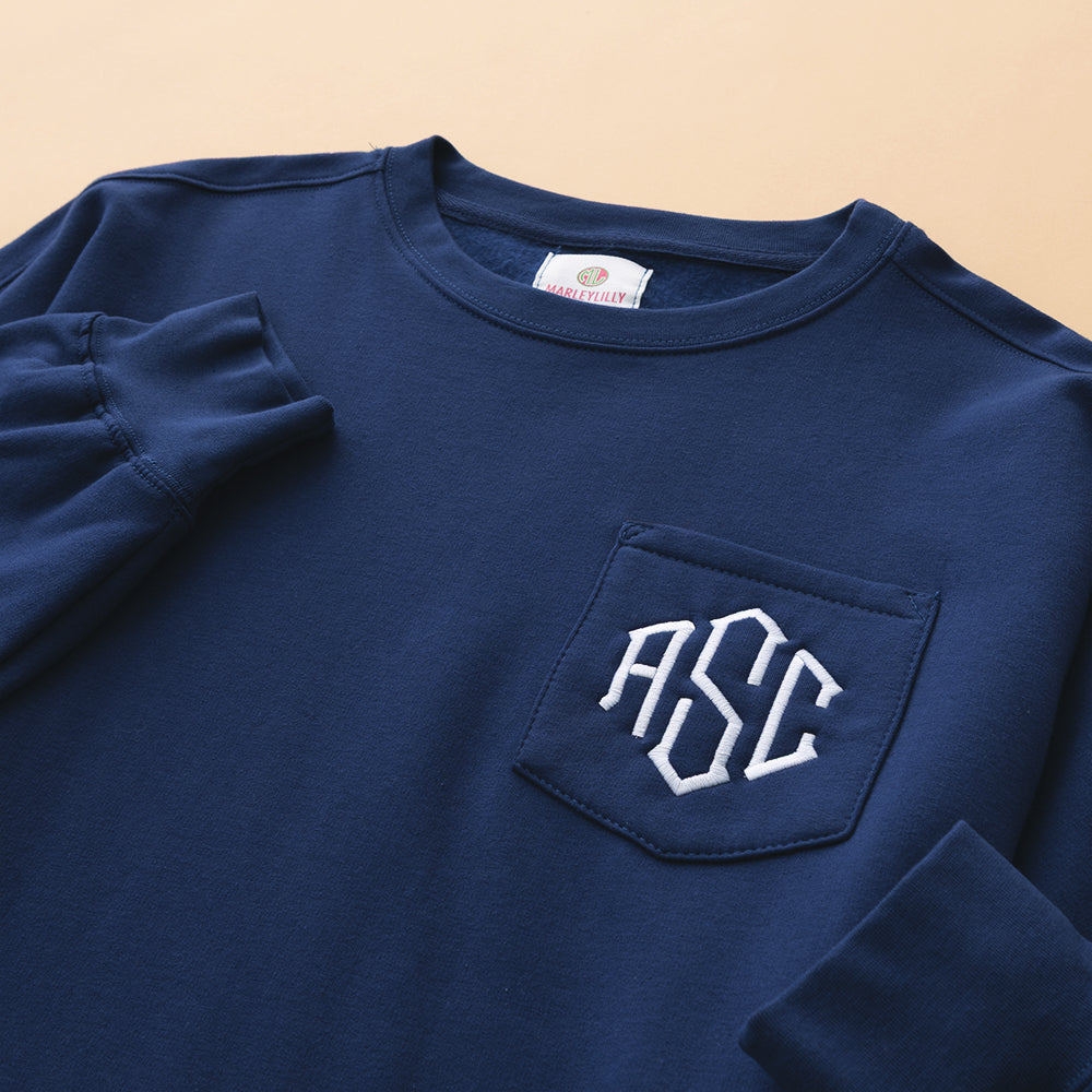 navy monogrammed oversized sweatshirt up close 