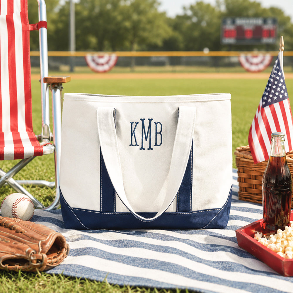 navy personalized tote bag on baseball field