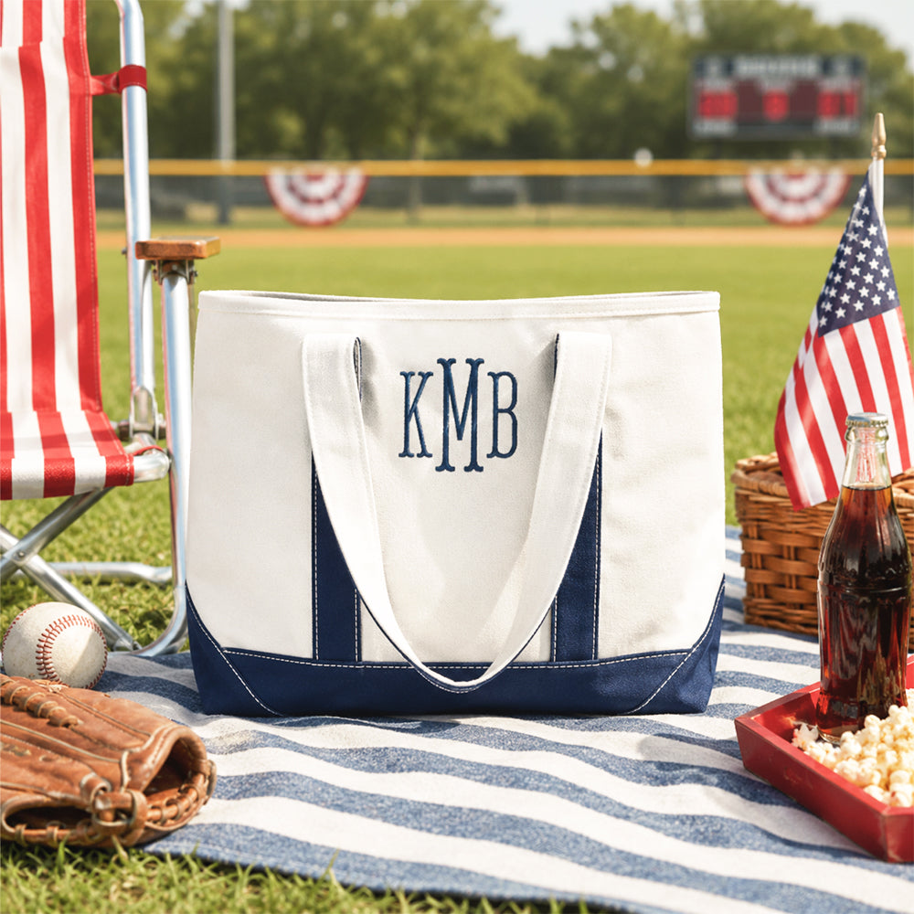 navy personalized tote bag on baseball field