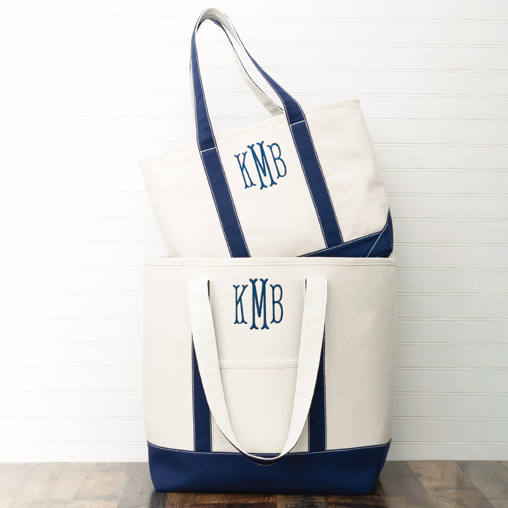 Monogrammed Large Canvas Tote | Ivory/Navy – Marleylilly