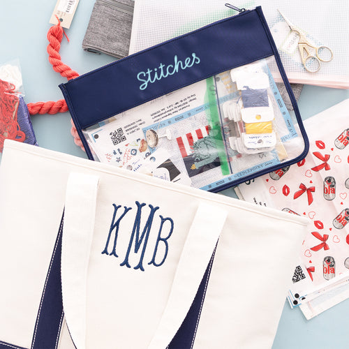 navy project bag inside personalized tote bag with light blue name