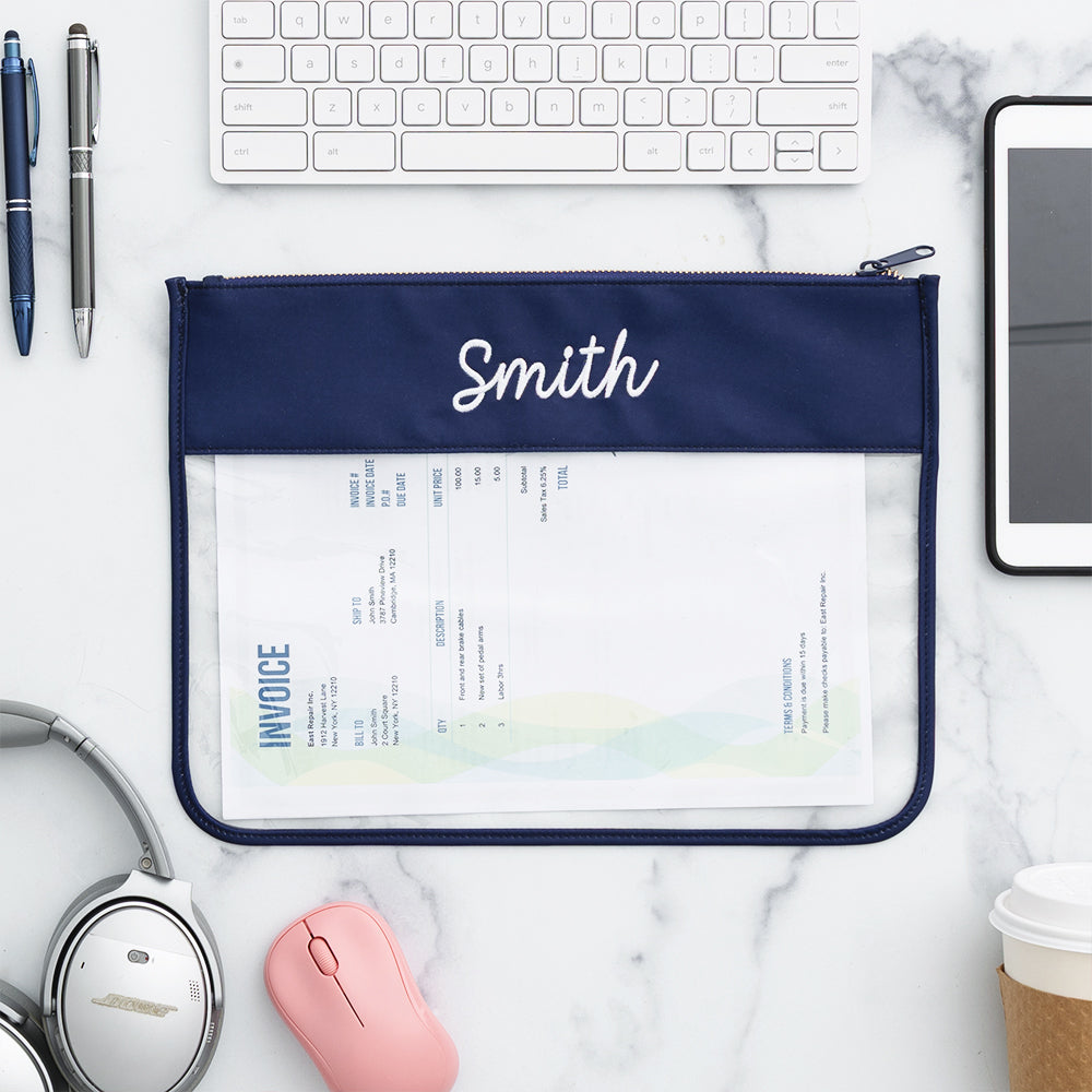 navy project bag on desk