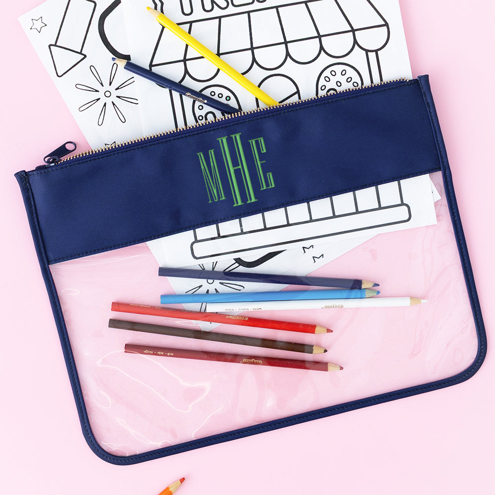 navy project bag with colored pencils and green monogram