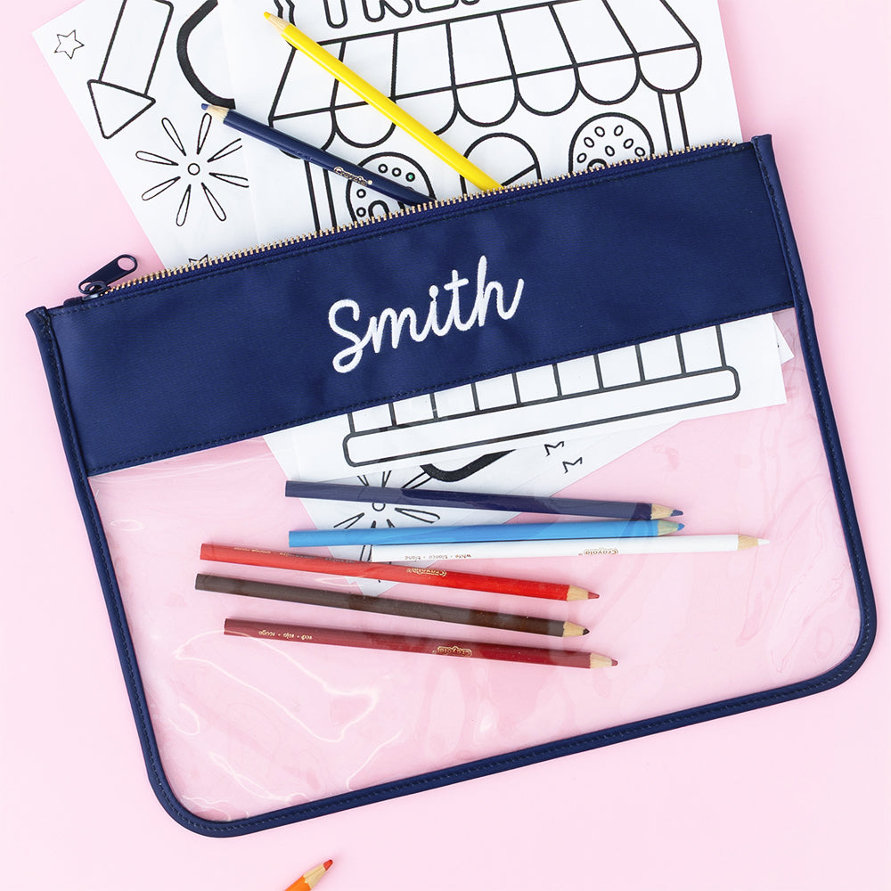 navy project bag with colored pencils