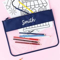 navy project bag with colored pencils