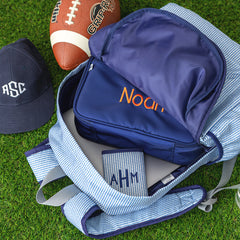 Navy seersucker kids basic backpack inside shot